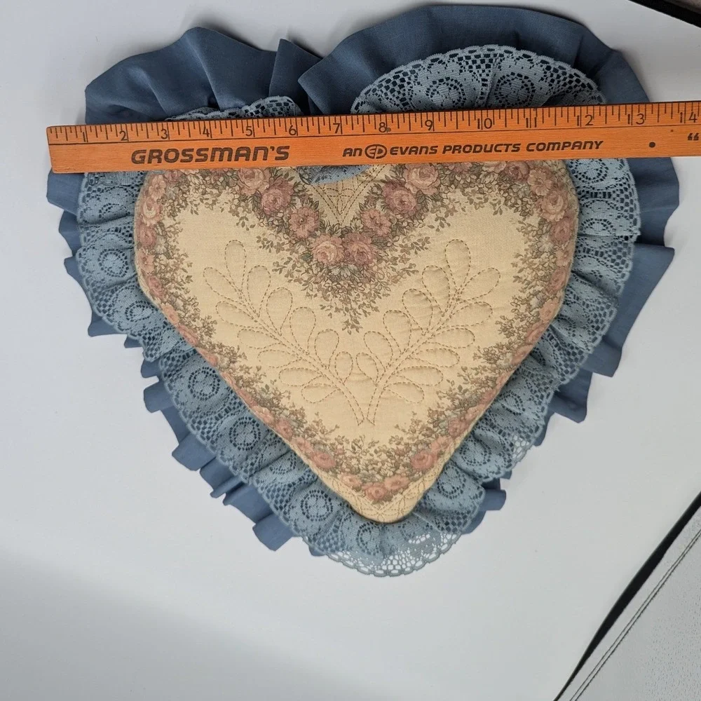 Vintage Cottagecore Heart Throw Pillow Blue Floral Quilted Lace Ruffle 15in 90s